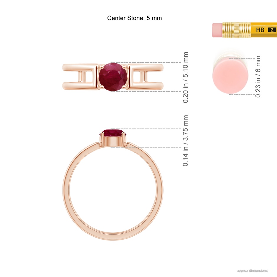 5mm A Ruby Solitaire Parallel Split Shank Ring in Rose Gold Ruler