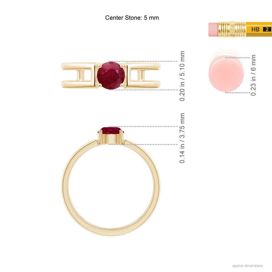 5mm A Ruby Solitaire Parallel Split Shank Ring in Yellow Gold Ruler