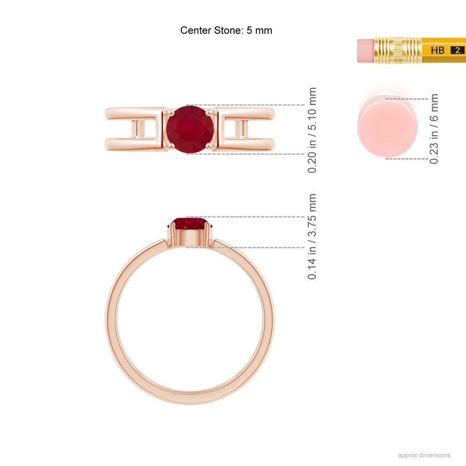 5mm AA Ruby Solitaire Parallel Split Shank Ring in Rose Gold Ruler