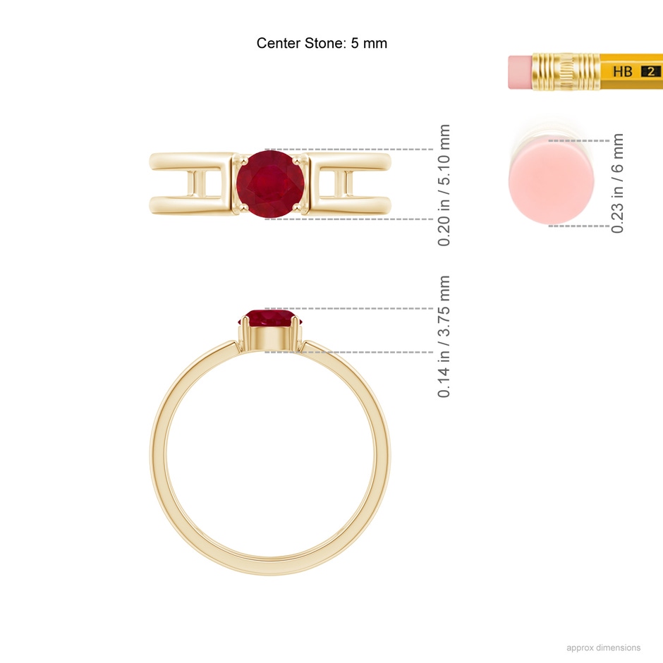 5mm AA Ruby Solitaire Parallel Split Shank Ring in Yellow Gold Ruler