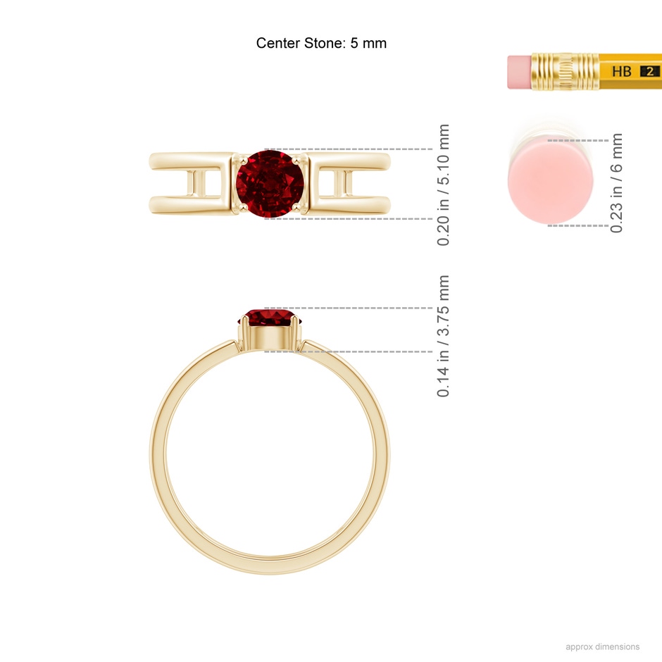 5mm AAAA Ruby Solitaire Parallel Split Shank Ring in Yellow Gold Ruler