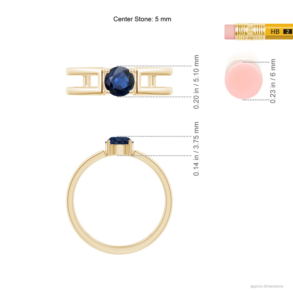 5mm AA Sapphire Solitaire Parallel Split Shank Ring in Yellow Gold Ruler