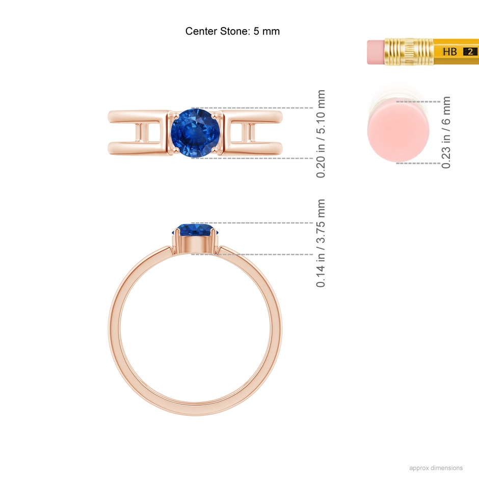 5mm AAA Sapphire Solitaire Parallel Split Shank Ring in Rose Gold Ruler