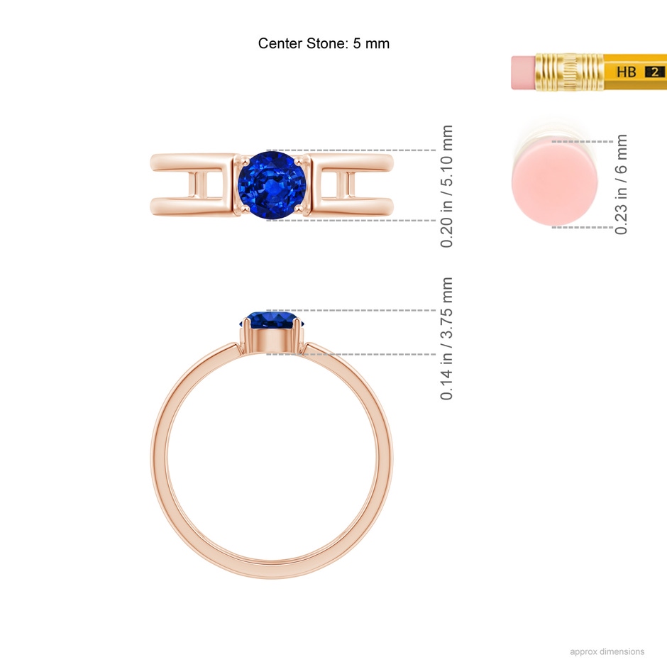 5mm AAAA Sapphire Solitaire Parallel Split Shank Ring in Rose Gold Ruler