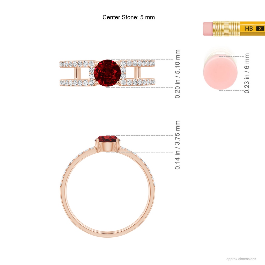 5mm AAAA Ruby Parallel Split Shank Ring with Accents in Rose Gold Ruler