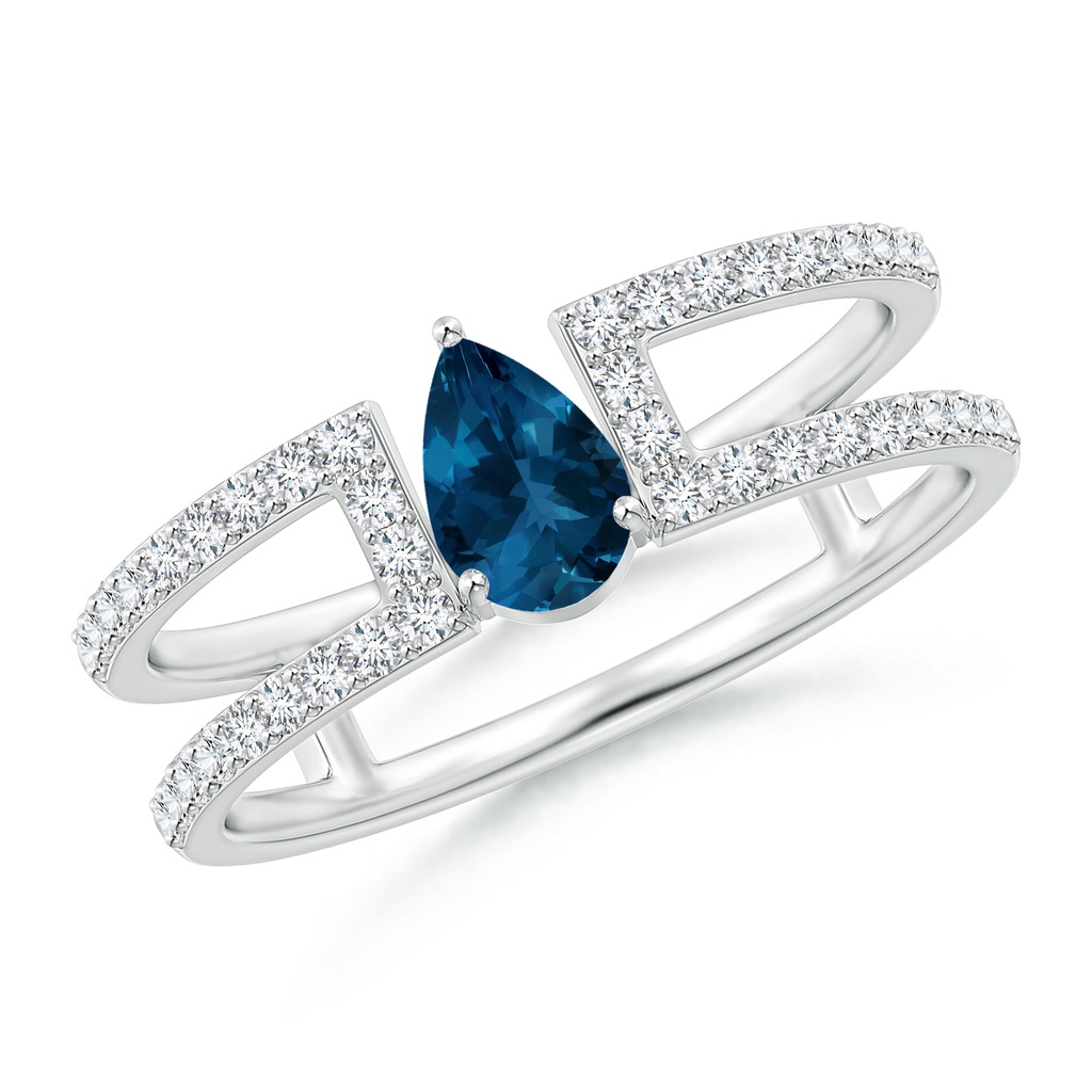 6x4mm AAA Pear London Blue Topaz Parallel Split Shank Ring with Accents in White Gold
