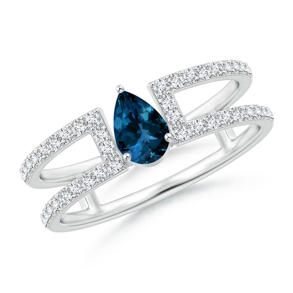 6x4mm AAAA Pear London Blue Topaz Parallel Split Shank Ring with Accents in P950 Platinum