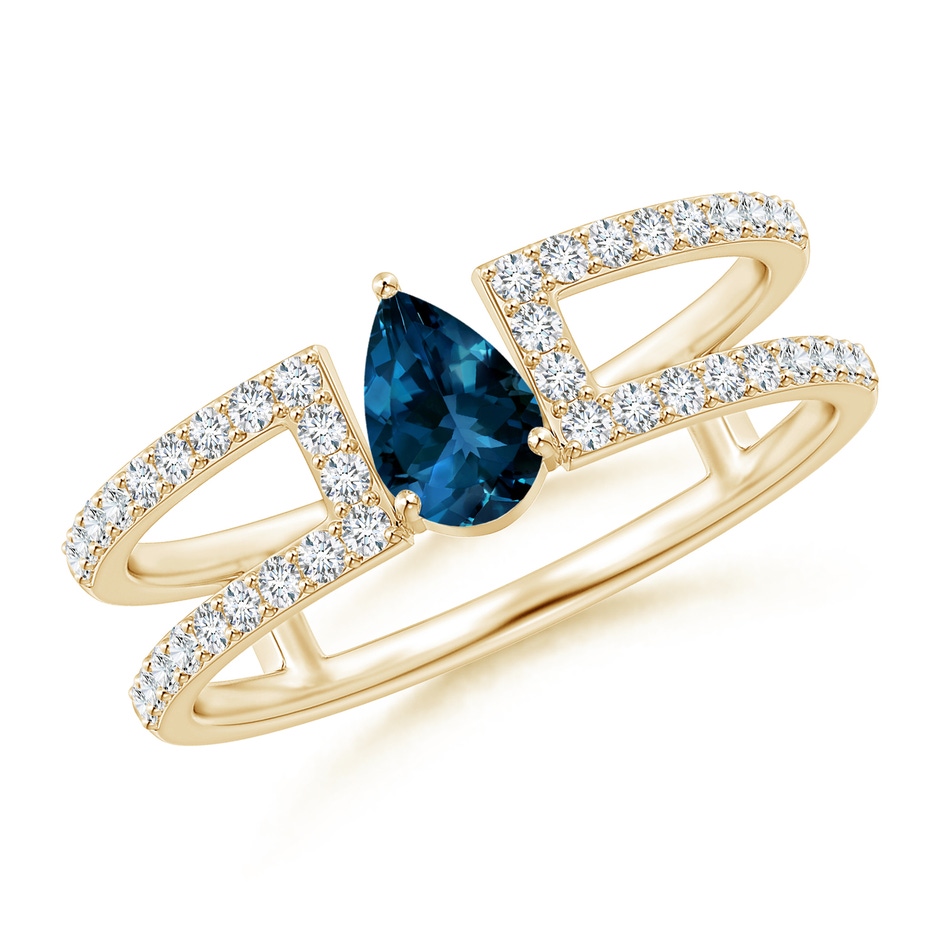 6x4mm AAAA Pear London Blue Topaz Parallel Split Shank Ring with Accents in Yellow Gold 