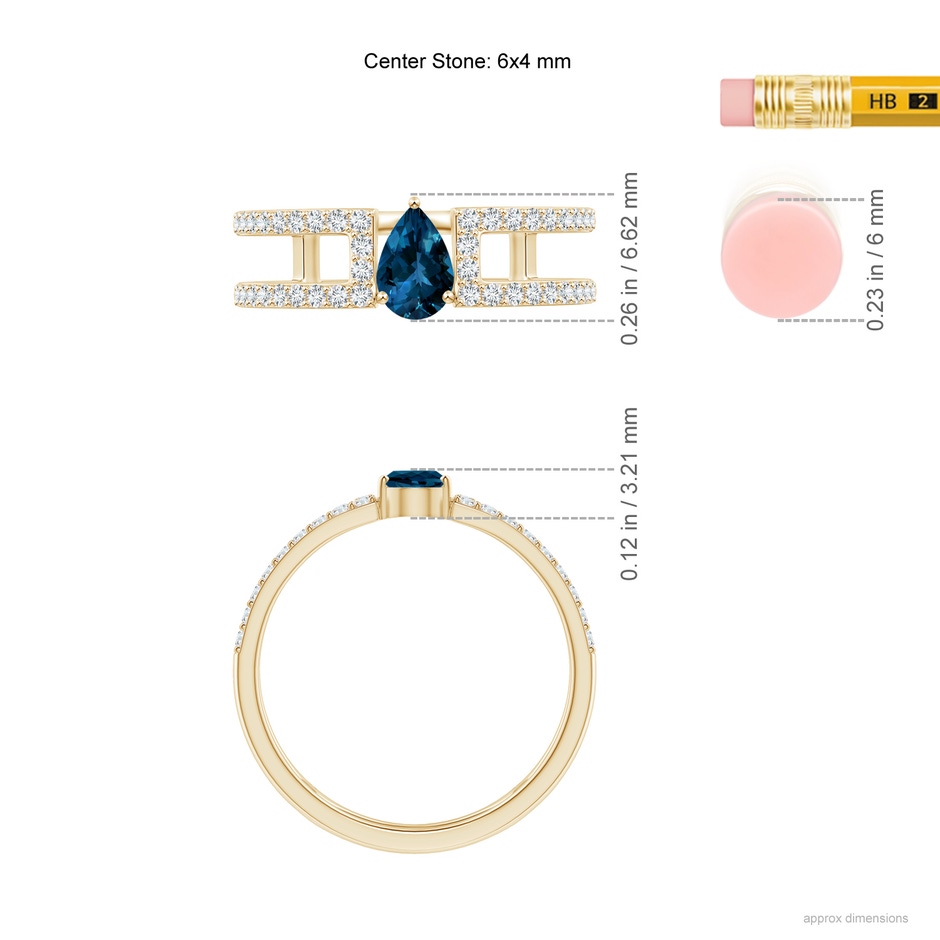 6x4mm AAAA Pear London Blue Topaz Parallel Split Shank Ring with Accents in Yellow Gold ruler