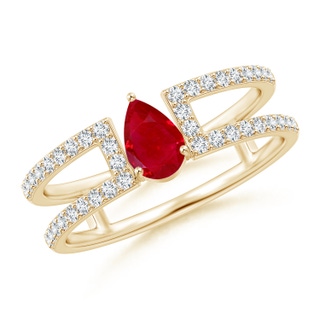 6x4mm AAA Pear Ruby Parallel Split Shank Ring with Accents in Yellow Gold
