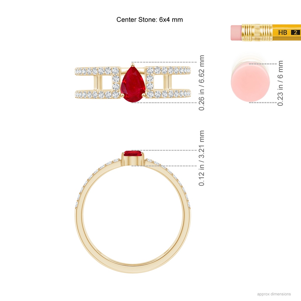 6x4mm AAA Pear Ruby Parallel Split Shank Ring with Accents in Yellow Gold Ruler