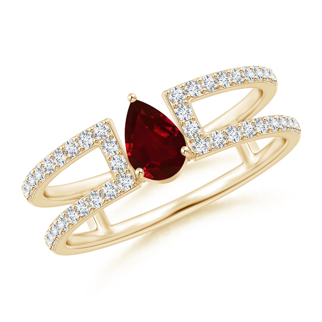 6x4mm AAAA Pear Ruby Parallel Split Shank Ring with Accents in Yellow Gold
