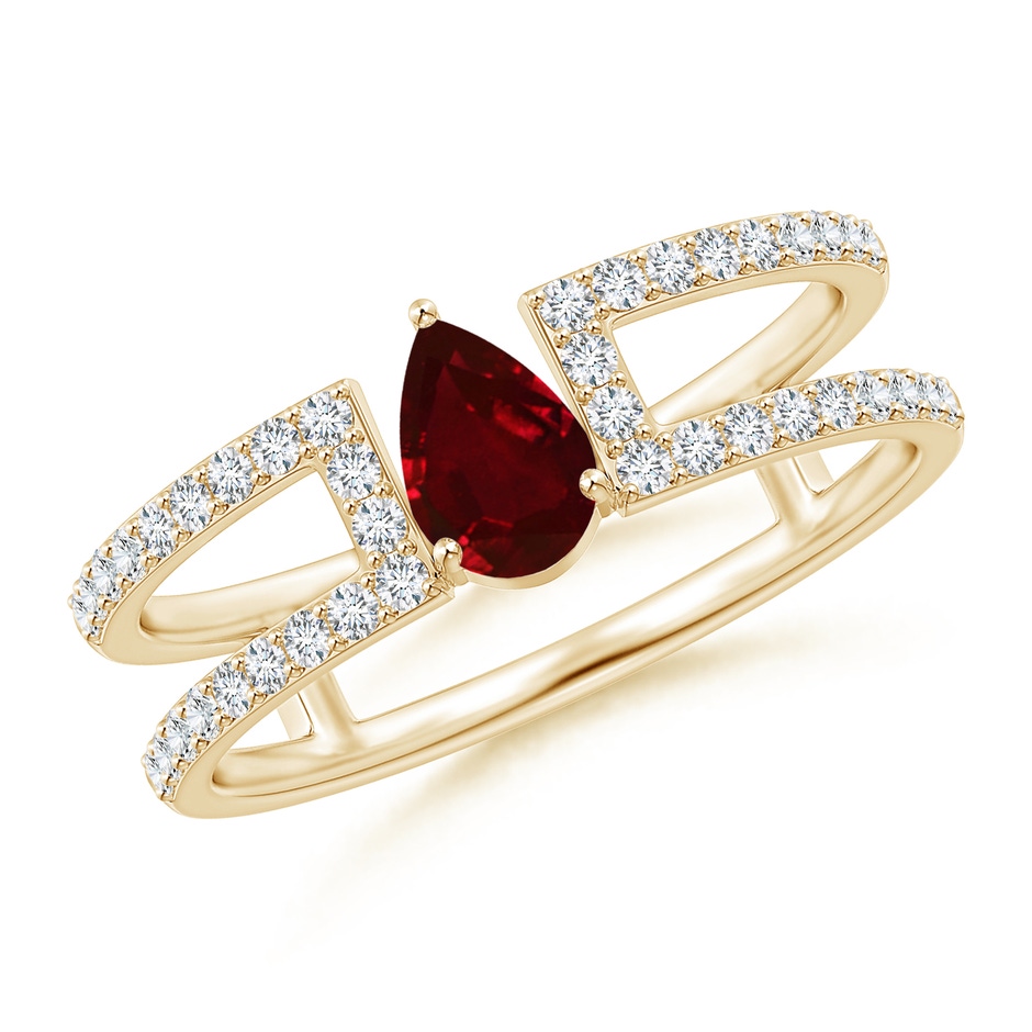 6x4mm AAAA Pear Ruby Parallel Split Shank Ring with Accents in Yellow Gold 