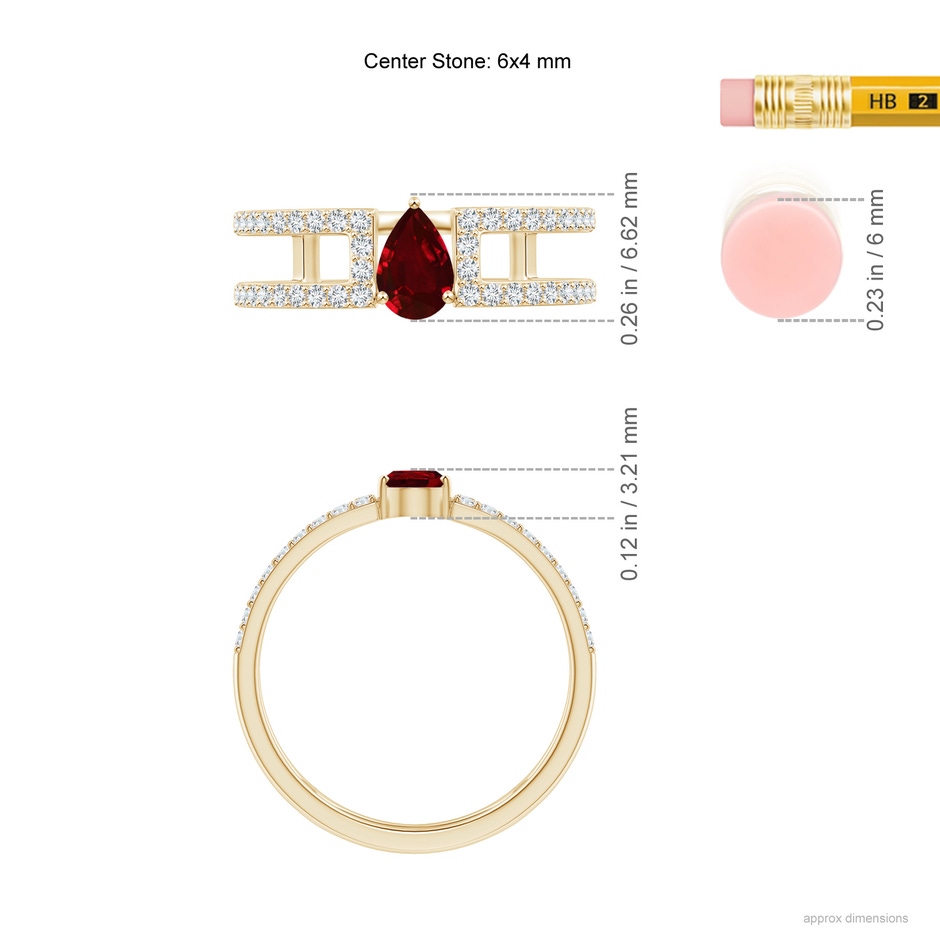 6x4mm AAAA Pear Ruby Parallel Split Shank Ring with Accents in Yellow Gold ruler