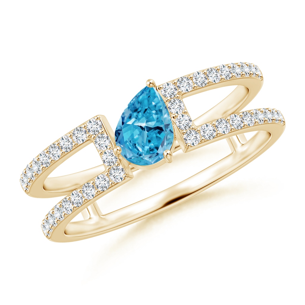 6x4mm AAAA Tilted Pear Fancy Intense Blue Diamond Parallel Split Shank Ring in Yellow Gold