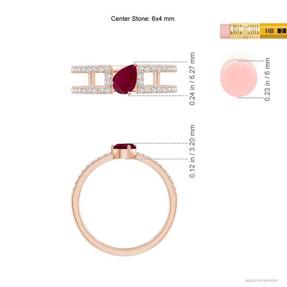 6x4mm A Tilted Pear Ruby Parallel Split Shank Ring in Rose Gold ruler