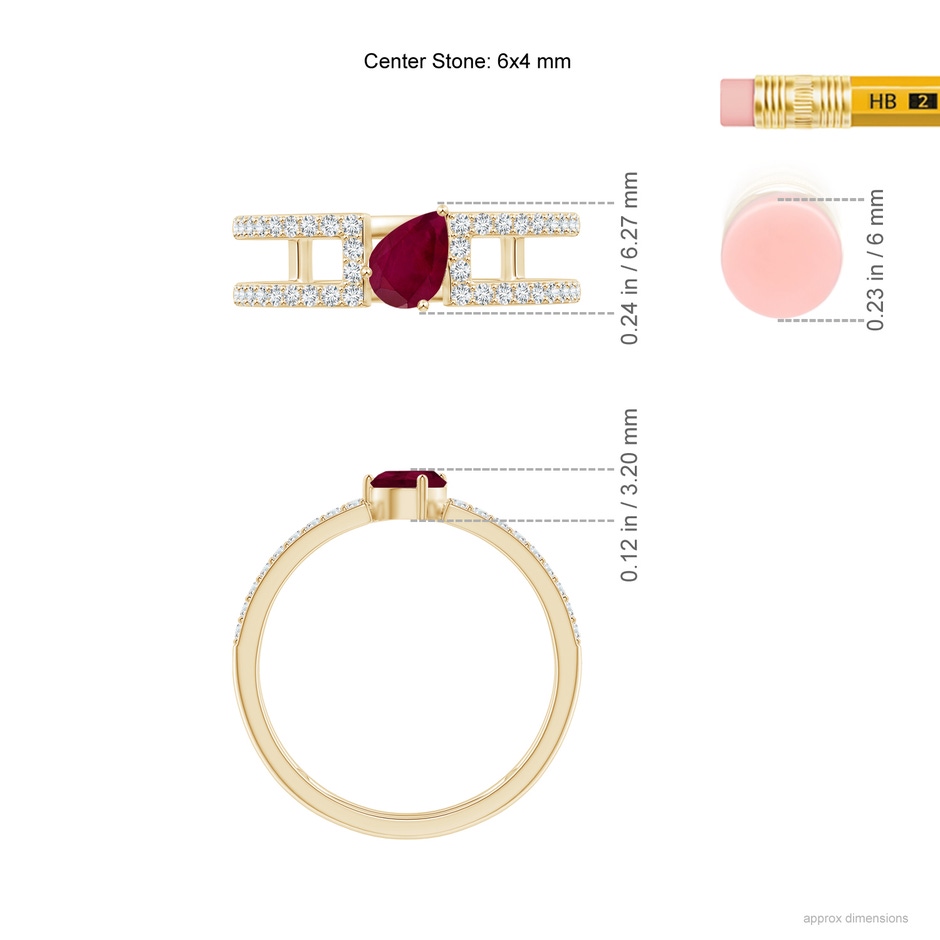 6x4mm A Tilted Pear Ruby Parallel Split Shank Ring in Yellow Gold ruler
