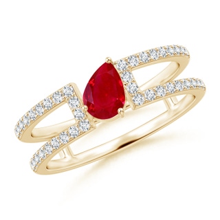 6x4mm AAA Tilted Pear Ruby Parallel Split Shank Ring in Yellow Gold