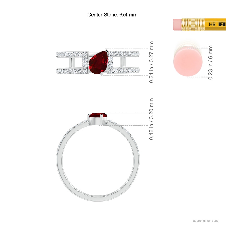 6x4mm AAAA Tilted Pear Ruby Parallel Split Shank Ring in White Gold ruler