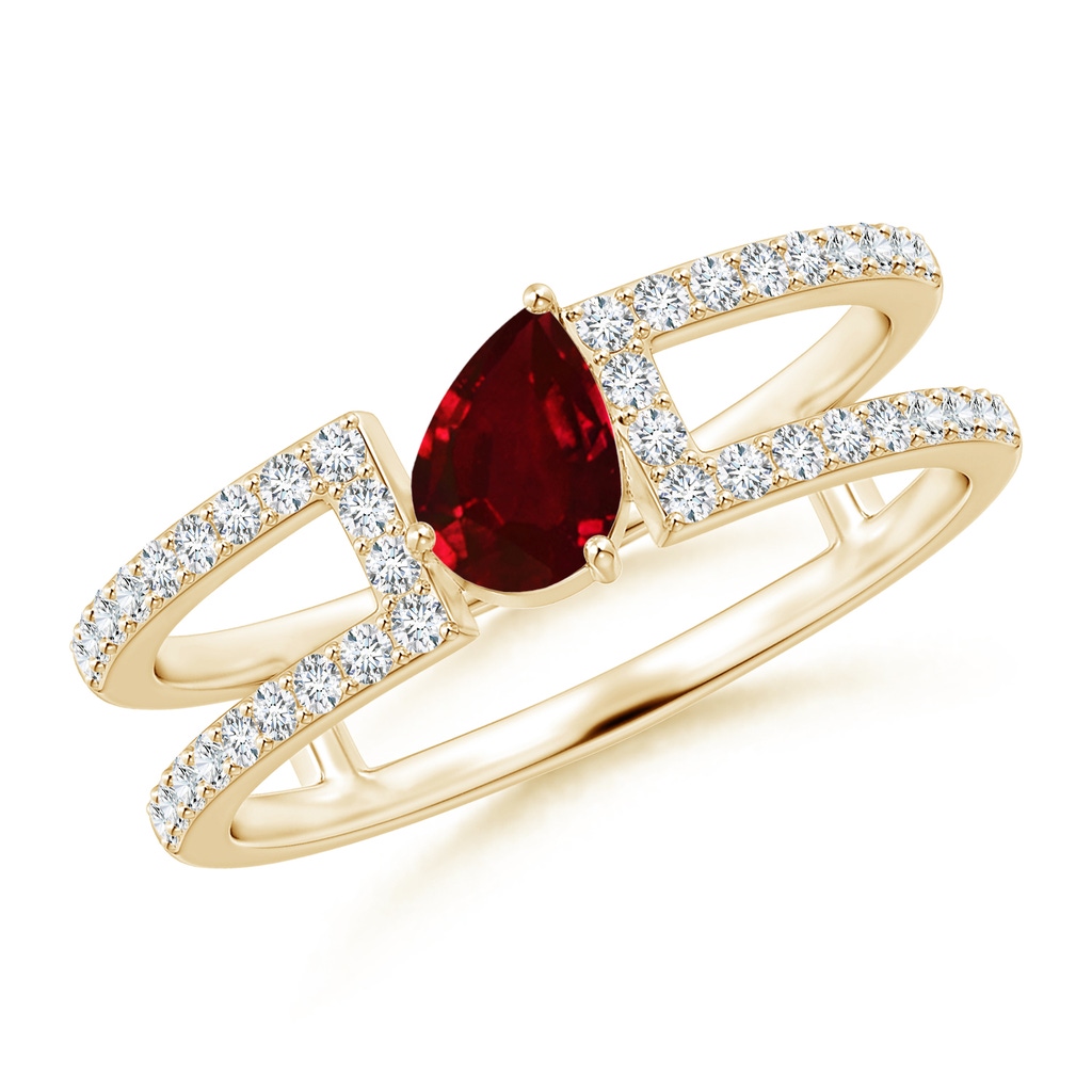 6x4mm AAAA Tilted Pear Ruby Parallel Split Shank Ring in Yellow Gold