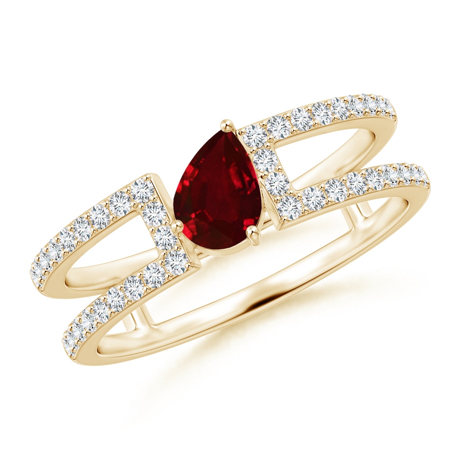 6x4mm AAAA Tilted Pear Ruby Parallel Split Shank Ring in Yellow Gold 