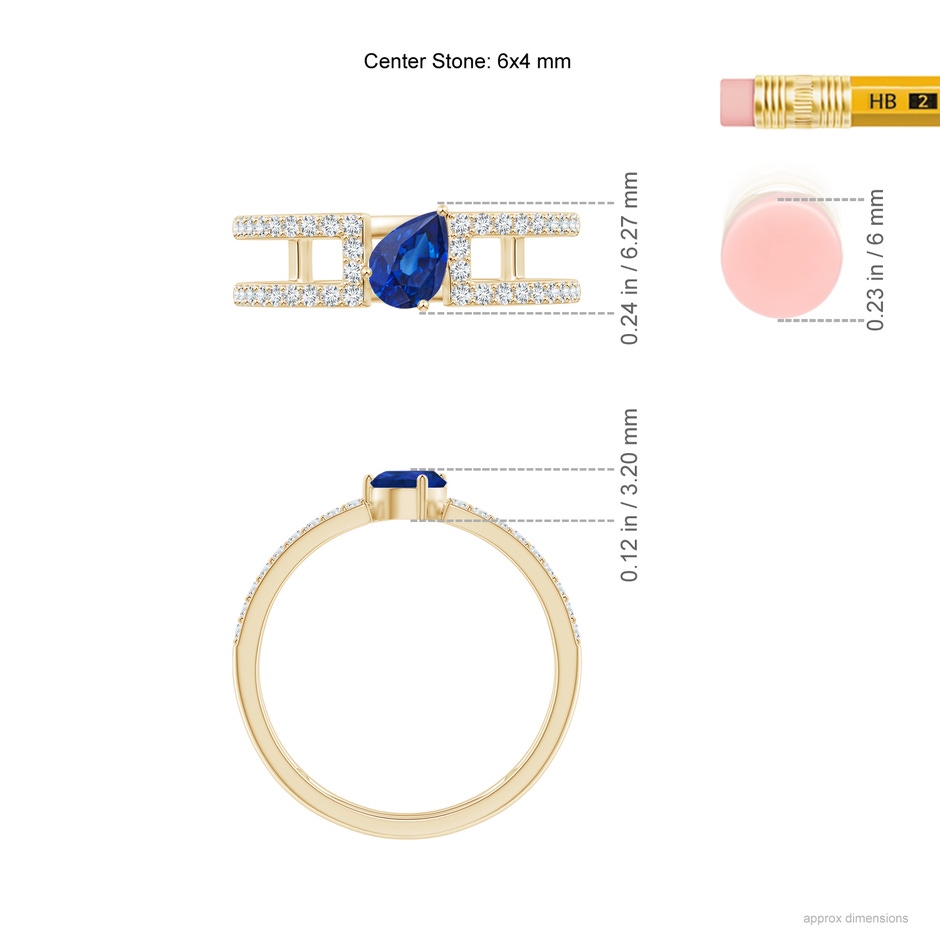 6x4mm AAA Tilted Pear Sapphire Parallel Split Shank Ring in Yellow Gold ruler