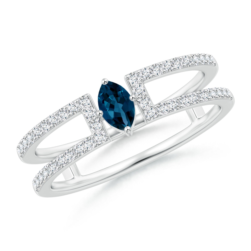 5x2.5mm AAAA Marquise London Blue Topaz Parallel Split Shank Ring with Accents in White Gold