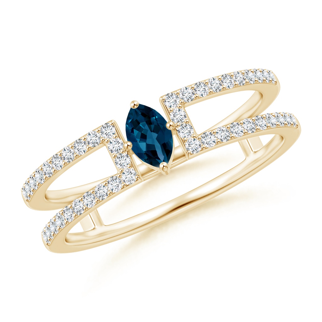 5x2.5mm AAAA Marquise London Blue Topaz Parallel Split Shank Ring with Accents in Yellow Gold
