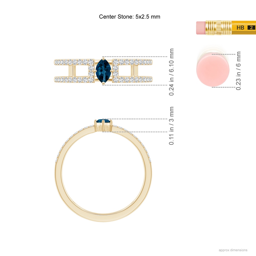 5x2.5mm AAAA Marquise London Blue Topaz Parallel Split Shank Ring with Accents in Yellow Gold Ruler