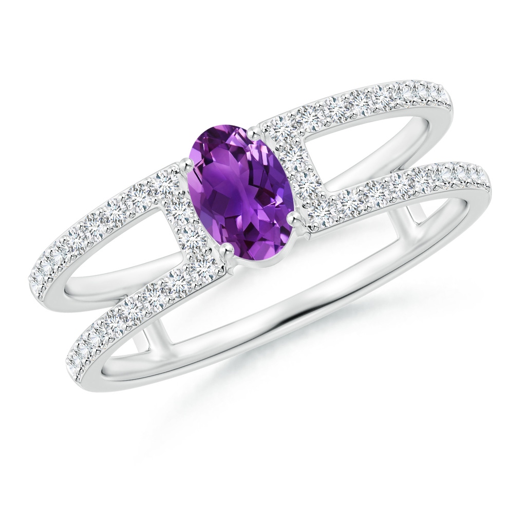 6x4mm AAAA Oval Amethyst Parallel Split Shank Ring with Accents in P950 Platinum