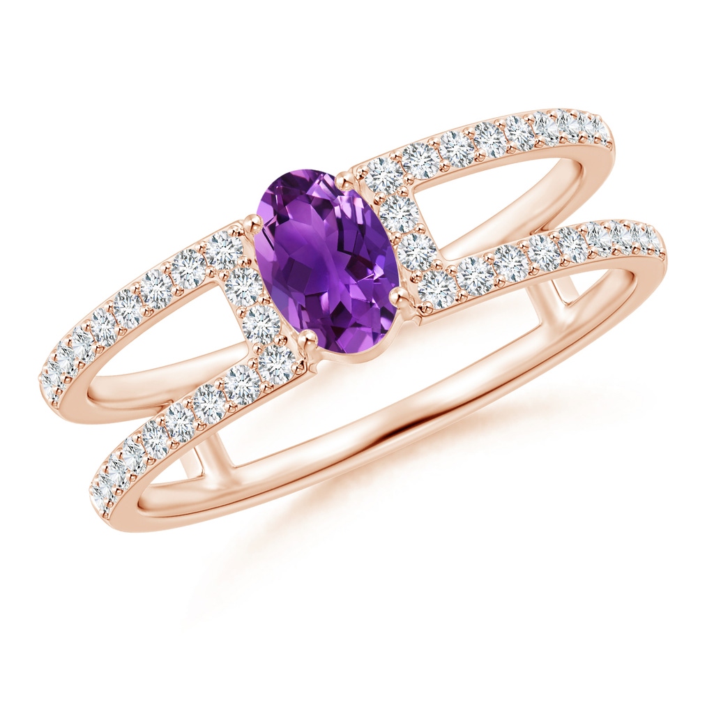 6x4mm AAAA Oval Amethyst Parallel Split Shank Ring with Accents in Rose Gold