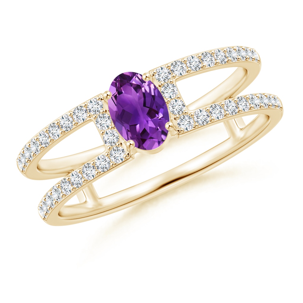 6x4mm AAAA Oval Amethyst Parallel Split Shank Ring with Accents in Yellow Gold