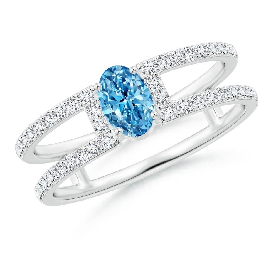 6x4mm AAAA Oval Fancy Intense Blue Diamond Parallel Split Shank Ring with Accents in P950 Platinum 
