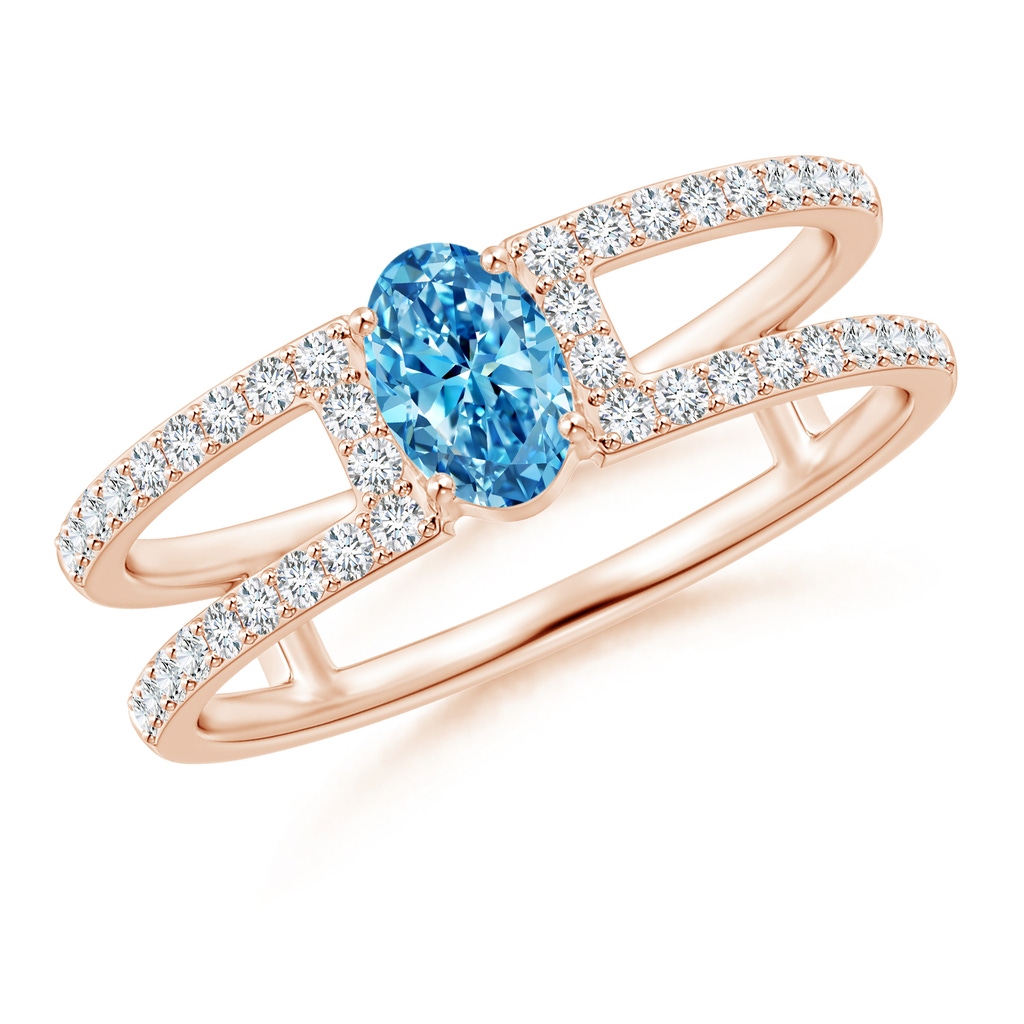 6x4mm AAAA Oval Fancy Intense Blue Diamond Parallel Split Shank Ring with Accents in Rose Gold