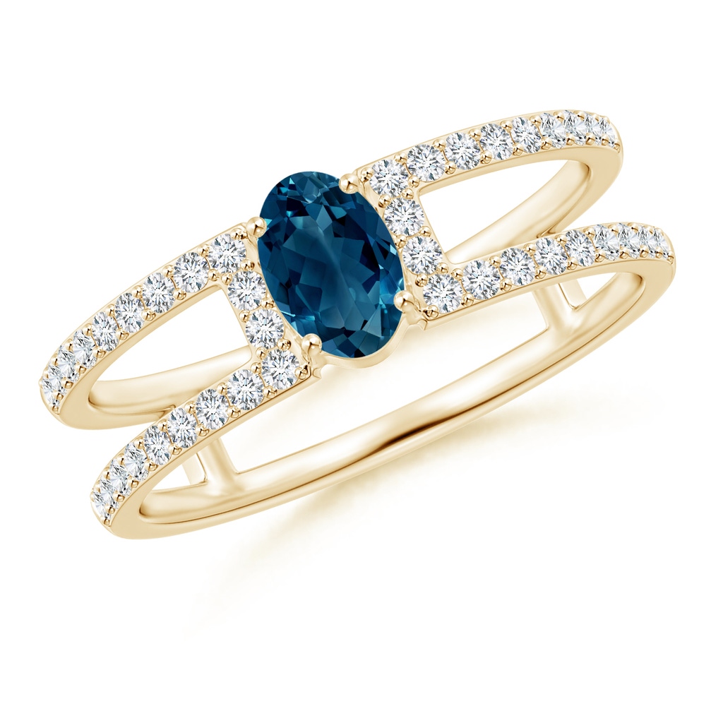 6x4mm AAAA Oval London Blue Topaz Parallel Split Shank Ring with Accents in Yellow Gold 