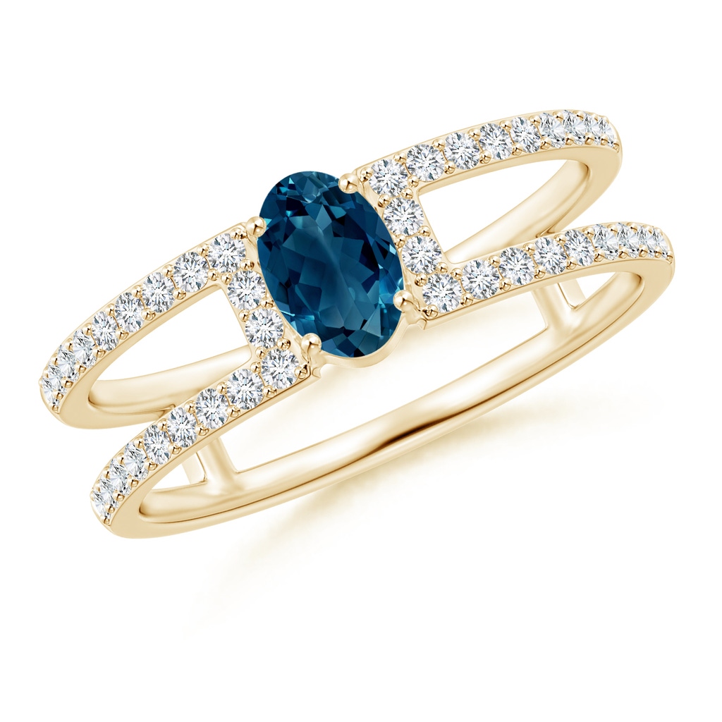 6x4mm AAAA Oval London Blue Topaz Parallel Split Shank Ring with Accents in Yellow Gold