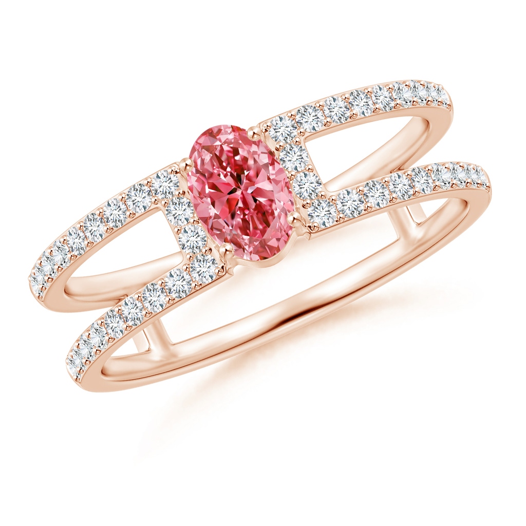 6x4mm AAAA Oval Fancy Intense Pink Diamond Parallel Split Shank Ring with Accents in Rose Gold