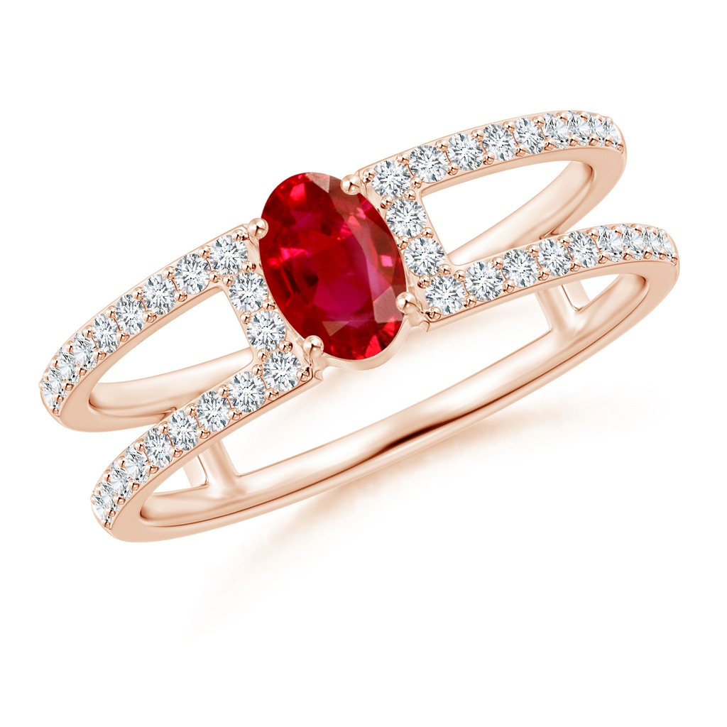 6x4mm AAA Oval Ruby Parallel Split Shank Ring with Accents in Rose Gold 