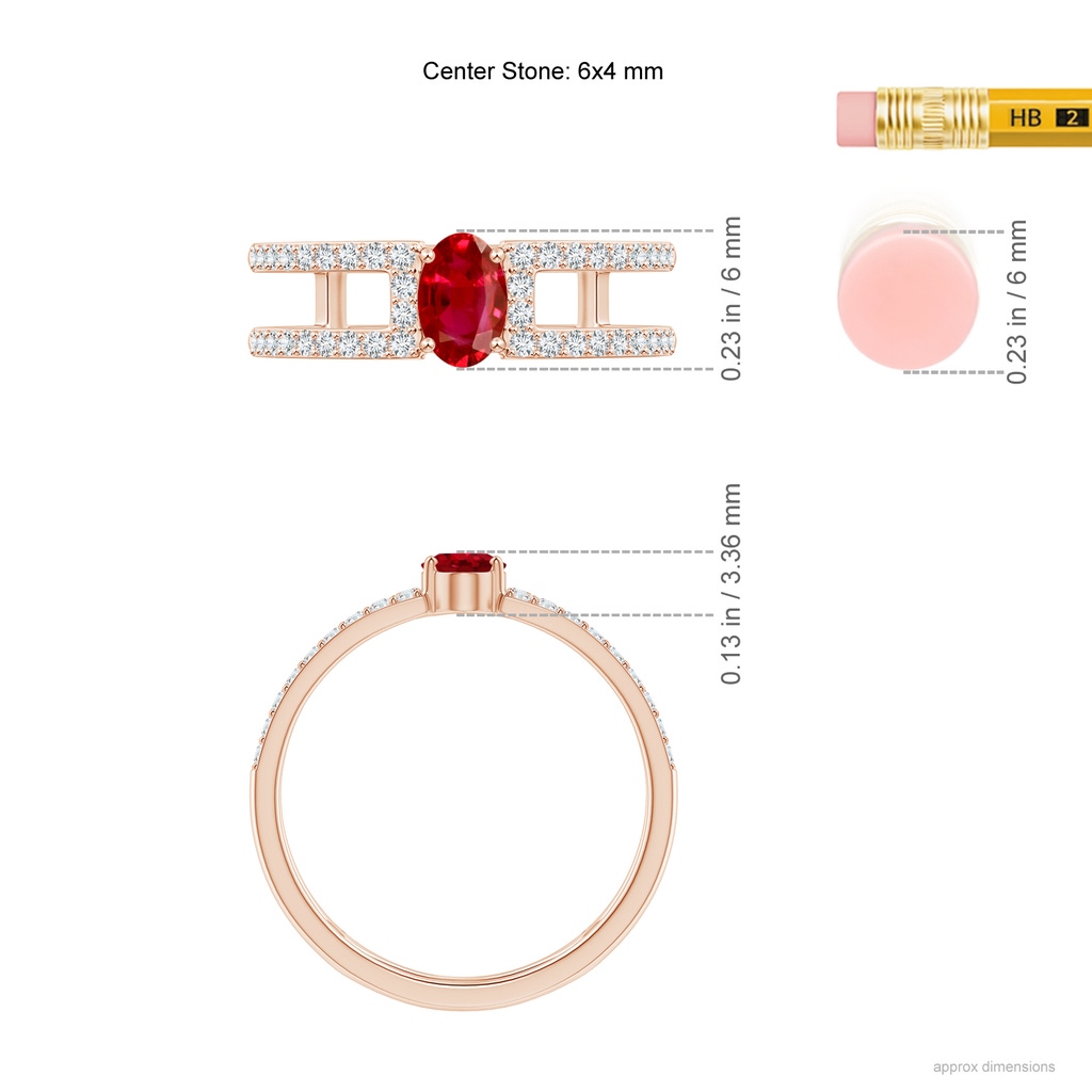 6x4mm AAA Oval Ruby Parallel Split Shank Ring with Accents in Rose Gold Ruler