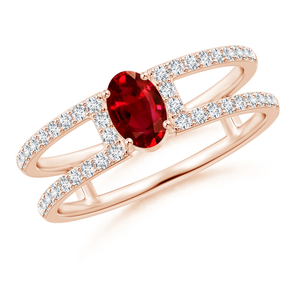 6x4mm AAAA Oval Ruby Parallel Split Shank Ring with Accents in Rose Gold