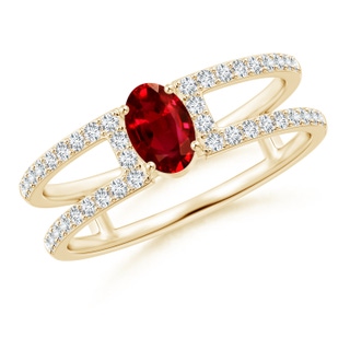 6x4mm AAAA Oval Ruby Parallel Split Shank Ring with Accents in Yellow Gold