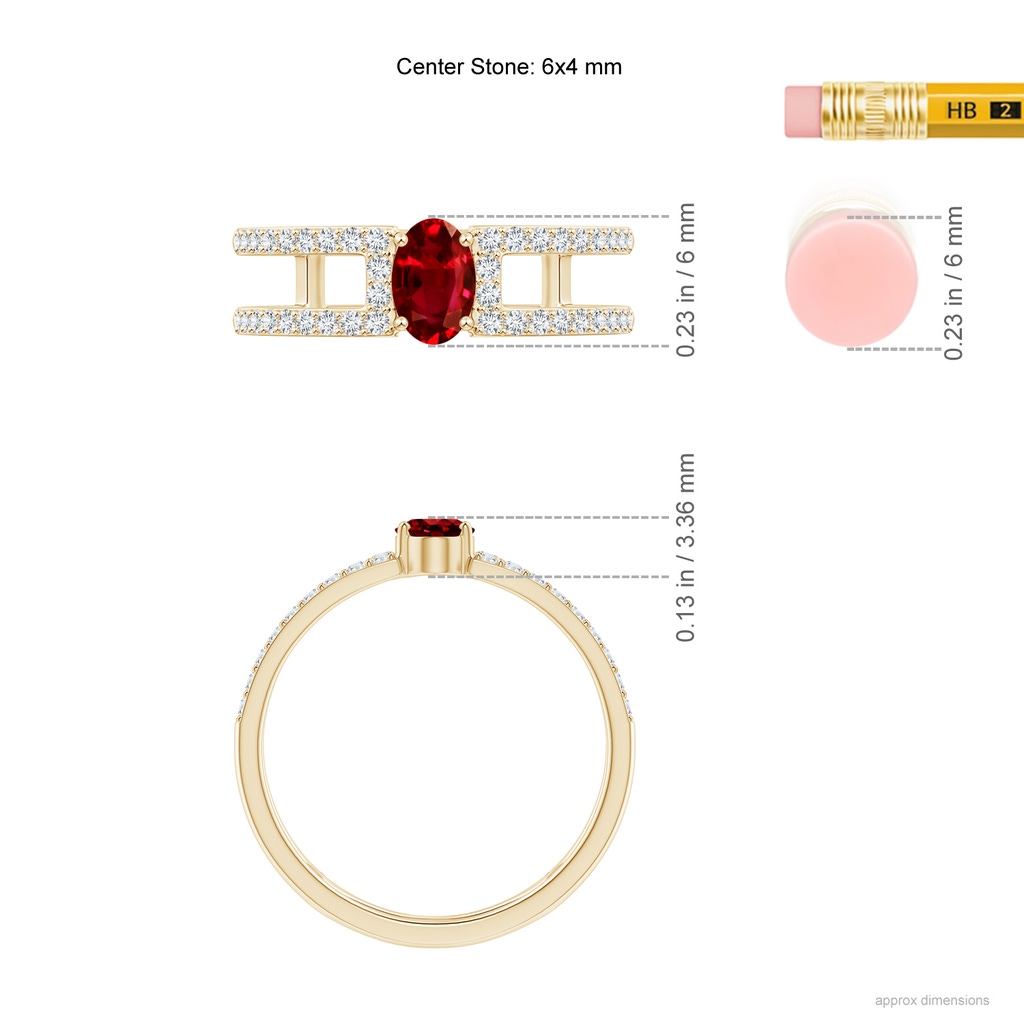 6x4mm AAAA Oval Ruby Parallel Split Shank Ring with Accents in Yellow Gold Ruler