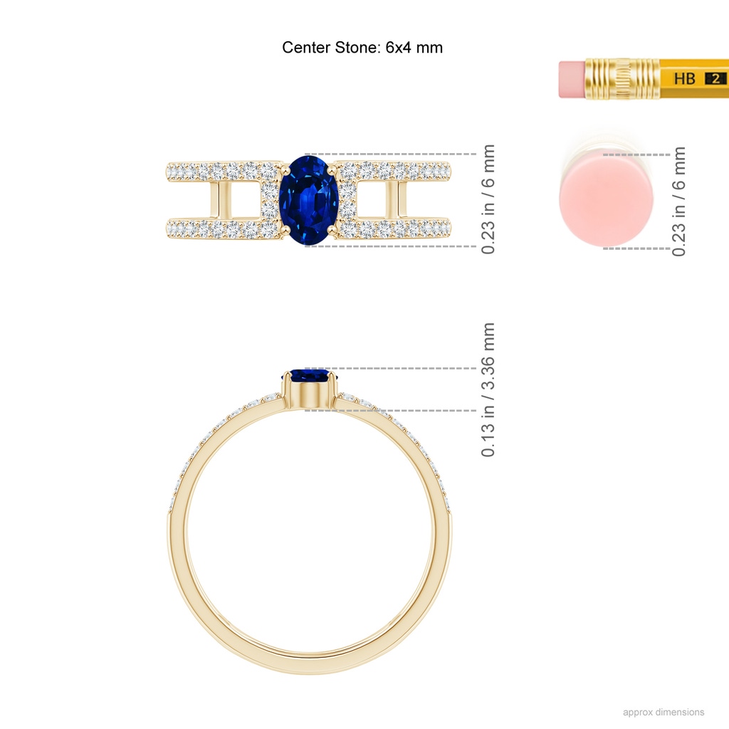 6x4mm AAAA Oval Sapphire Parallel Split Shank Ring with Accents in Yellow Gold Ruler