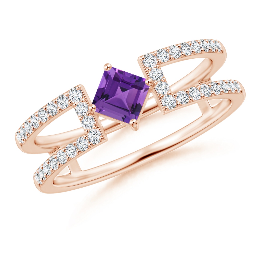 4mm AAAA Square Amethyst Parallel Split Shank Ring with Accents in Rose Gold