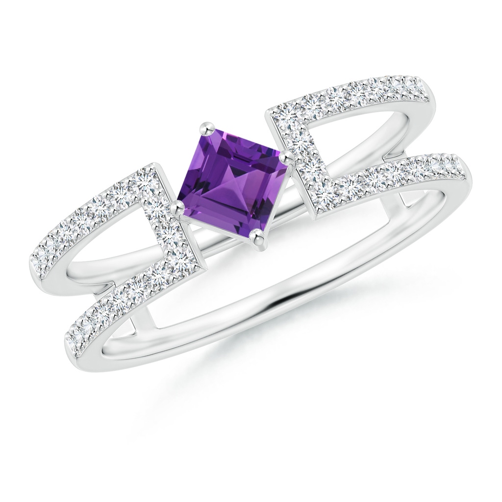 4mm AAAA Square Amethyst Parallel Split Shank Ring with Accents in White Gold