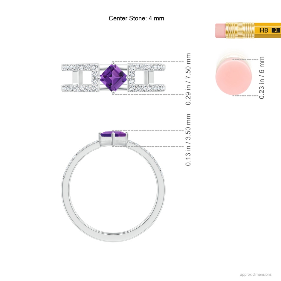 4mm AAAA Square Amethyst Parallel Split Shank Ring with Accents in White Gold ruler