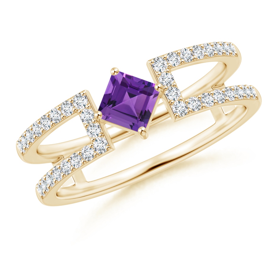 4mm AAAA Square Amethyst Parallel Split Shank Ring with Accents in Yellow Gold 