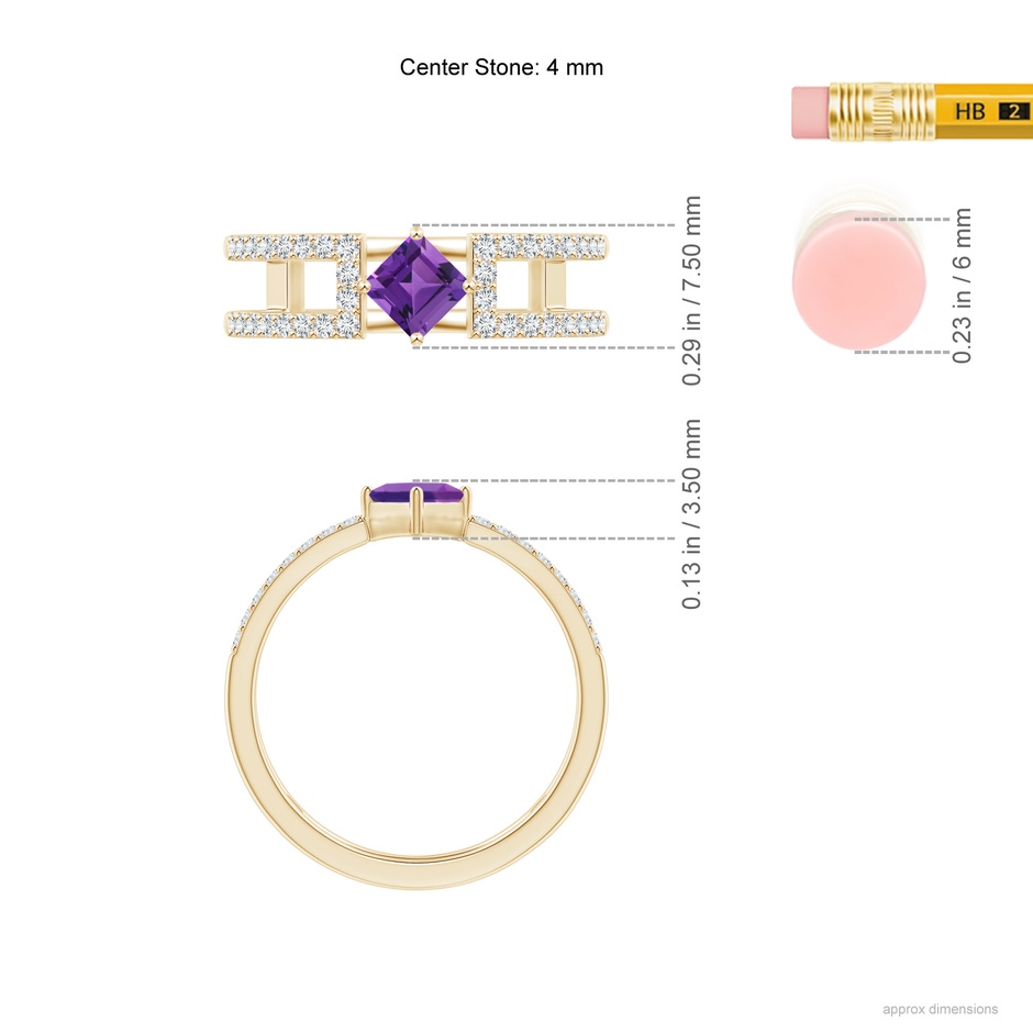 4mm AAAA Square Amethyst Parallel Split Shank Ring with Accents in Yellow Gold ruler