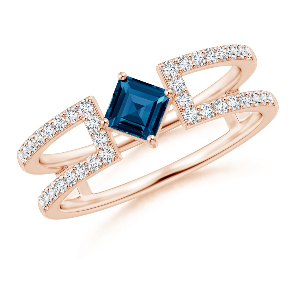 4mm AAAA Square London Blue Topaz Parallel Split Shank Ring with Accents in Rose Gold