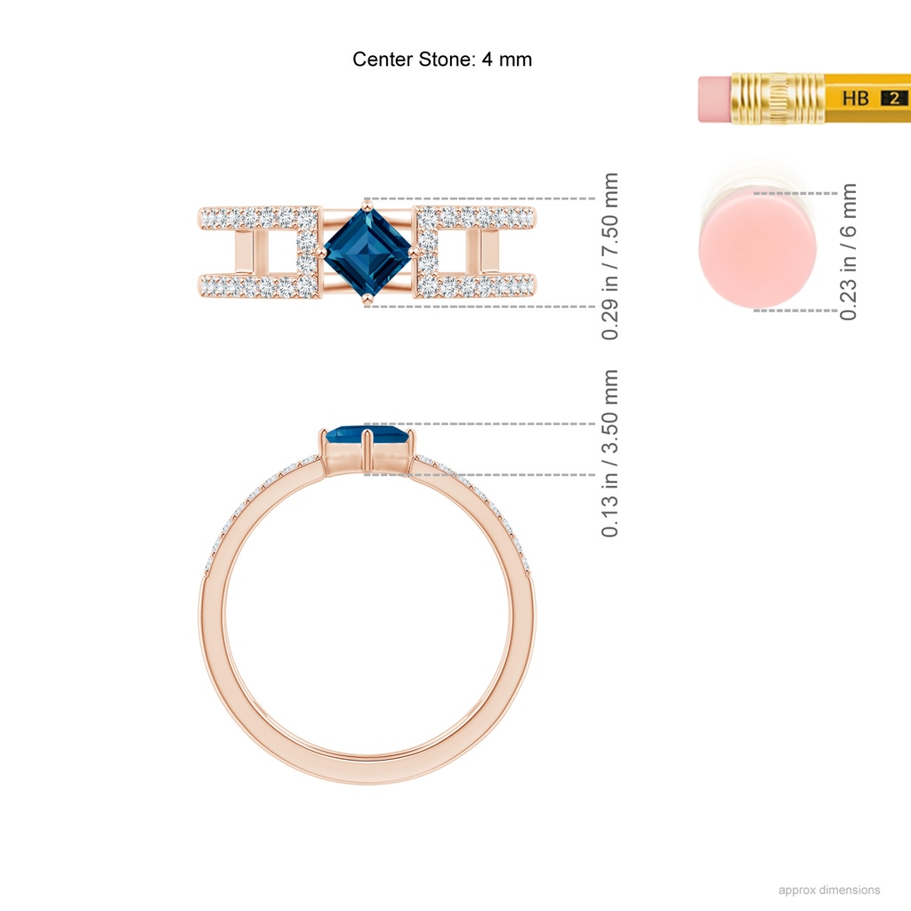 4mm AAAA Square London Blue Topaz Parallel Split Shank Ring with Accents in Rose Gold Ruler